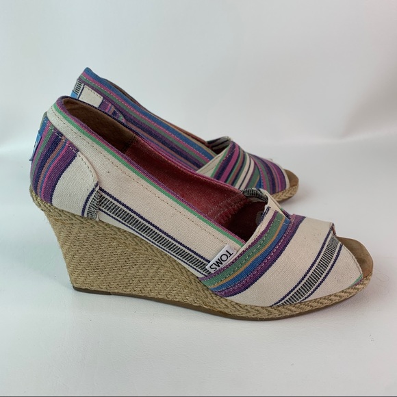 TOMS Canvas Striped Peed Toe Espadrille Wedge 8 - Picture 5 of 8